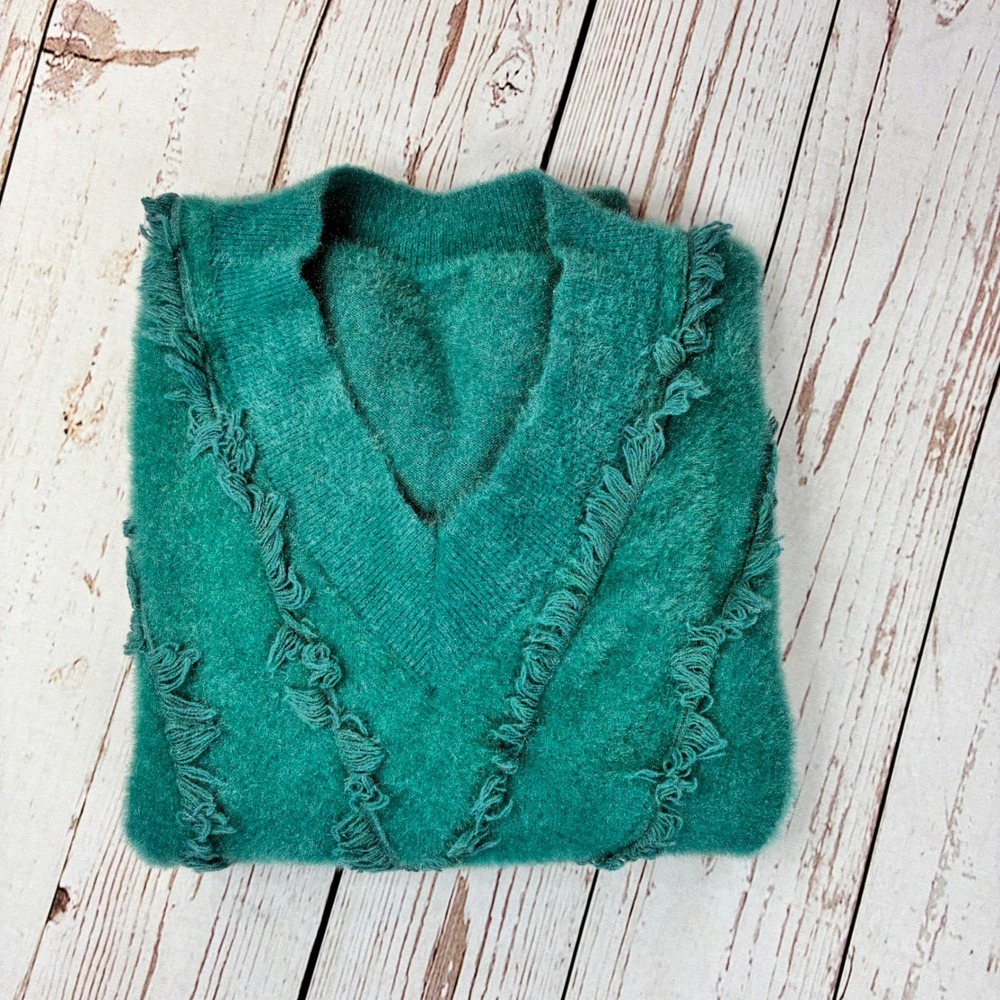 Vintage Teal Green Angora Fringe V-Neck Sweater Pinstripe Knit Pullover - Picture 3 of 6